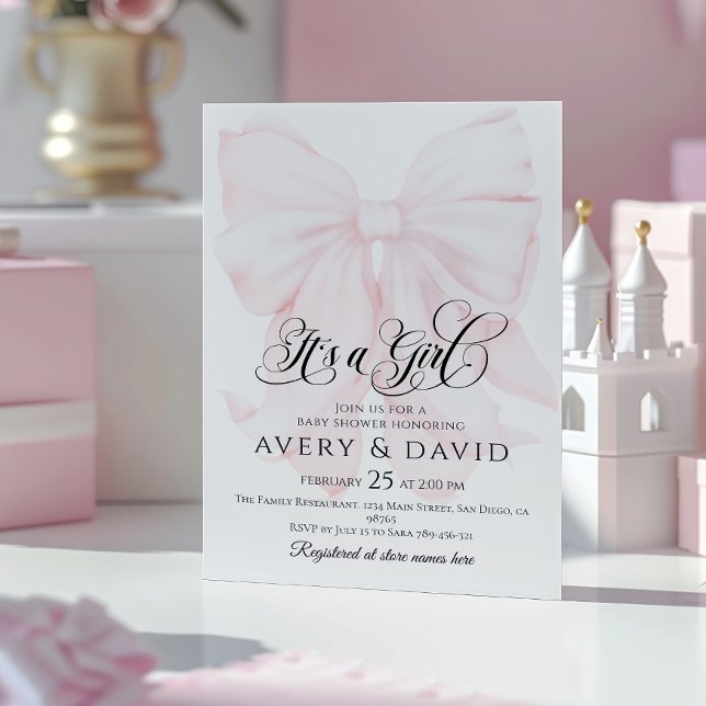Es ist ein Girl Pink Bow Modern Elegant Baby Showe Einladung (Von Creator hochgeladen)
