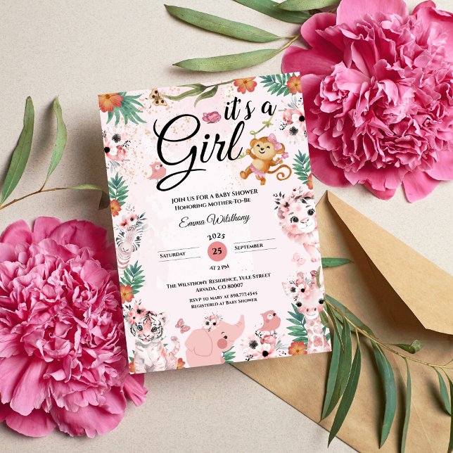 Es ist ein Girl Safari Girl Pink Baby Shower Jungl Einladung (It's a Girl Safari Girl Pink Baby Shower Jungle girl baby shower ideas jungle tropical summer safari)