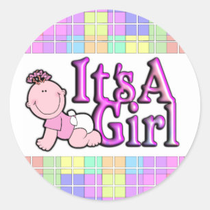 Es ist ein Girl Shiny Pink Text mit Babyaufkleber Runder Aufkleber