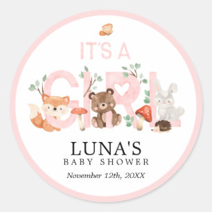 Es ist ein Girl Woodland Pink Baby Shower Classic Runder Aufkleber