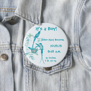 Es ist ein Junge! Aqua Vintage Vogel Mama Papa Bab Button