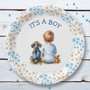 Es ist ein Junge   Baby- und Dackel Puppy-Baby-Dus Pappteller