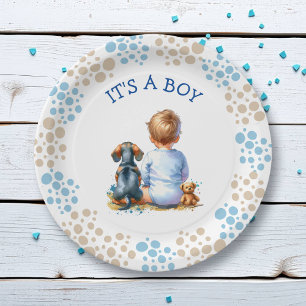 Es ist ein Junge Baby- und Dackel Puppy-Baby-Dus Pappteller