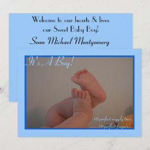 Es ist ein Junge Baby Zehen Foto Blau Geburtsanzei Einladung