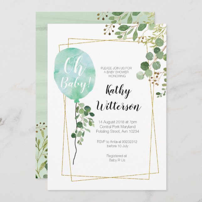Es ist ein Junge Ballon Greenery oh Babydusche Einladung (Vorne/Hinten)
