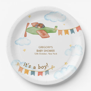 Es ist ein Junge Bär Flugzeug Himmel Baby Shower Pappteller