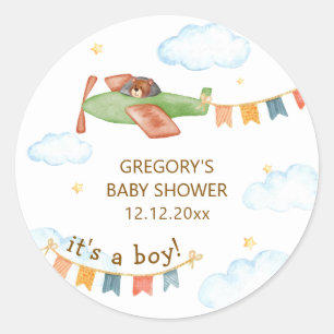 Es ist ein Junge Bär Flugzeug Himmel Baby Shower Runder Aufkleber