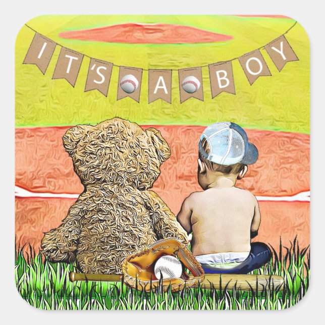 Es ist ein Junge, Baseball Themed Baby Dusche Sieg Quadratischer Aufkleber (Vorderseite)