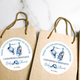 Es ist ein junge blaue Baby Schuhe danke Ihnen für Runder Aufkleber