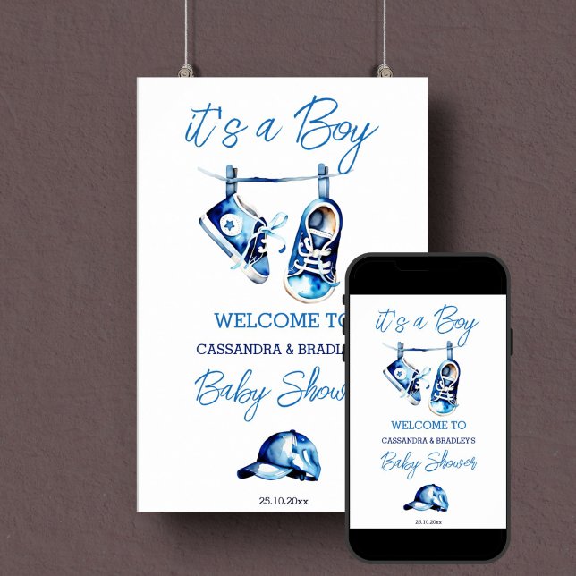 Es ist ein junge blaue Babyschuhe Begrüßungszeiche Poster (It's a boy baby shower welcome sign template poster instant download blue baby sneakers shoes hangin)