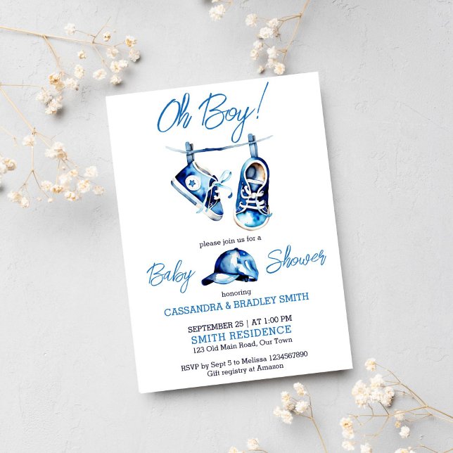 Es ist ein junge blaue Babyschuhe eine Mütze einfa Einladung (Oh boy baby shower template invitation digital download sports cap baby sneakers blue modern invite)