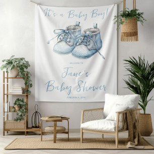 Es ist ein Junge! Blaue Babyschuhe Shower Begrüßun Wandteppich