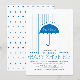 Es ist ein Junge   Blaue Herzen & Regenschirm Baby Einladung