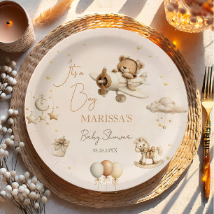 Es ist ein Junge Braunes Flugzeug Teddybär Baby Sh Pappteller