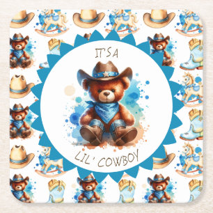 Es ist ein Junge Cowboy Teddy Bear Boy's Baby Sh Rechteckiger Pappuntersetzer