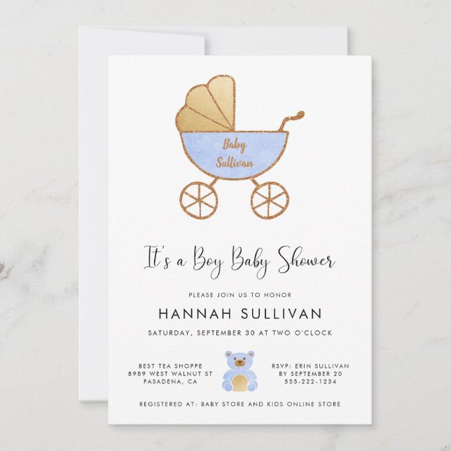 Es ist ein Junge, der eine blaue goldene Aquarelld Einladung (Vorderseite)