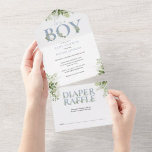 Es ist ein Junge Dusty Blue Floral Greenery Babypa All In One Einladung