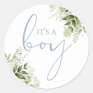 Es ist ein Junge Dusty Blue Greenery Baby Shower G Runder Aufkleber