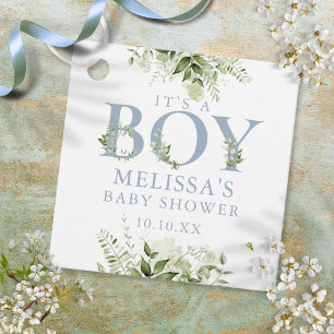 Es ist ein Junge Dusty Blue Greenery Baby Shower Geschenkanhänger