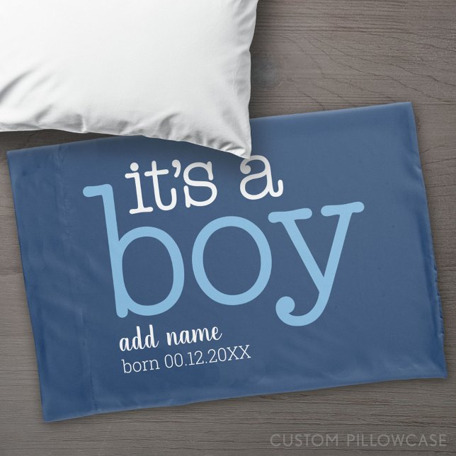 Es ist ein Junge - modern, neugierig mit Baby-Name Kissenbezug (Custom Pillowcase)