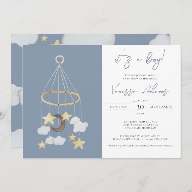 Es ist ein Junge! Moon & Stars Baby Mobile Kinderz Einladung (Vorne/Hinten)