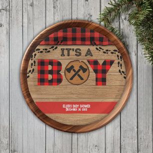 Es ist ein Junge Rustic Wood Kariert Baby Dusche Pappteller