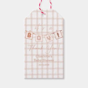 Es ist ein Junge! Süße braune Gingham Notedry Baby Geschenkanhänger