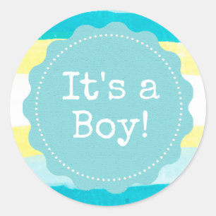 Es ist ein Junge Türkis Blau Gelb Baby Shower Aufk Runder Aufkleber