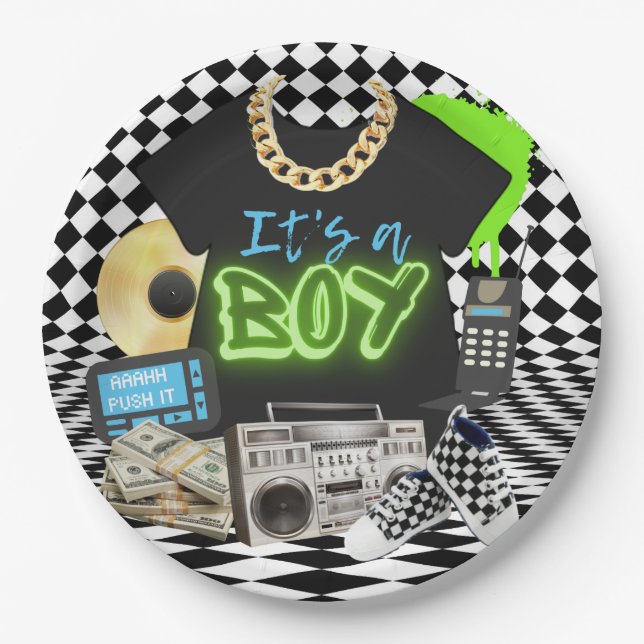 Es ist ein Junge| Urban Retro Hip Hop Baby Shower  Pappteller (Vorderseite)