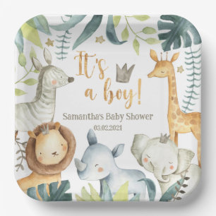 Es ist ein Junge Wild Giraffe Zebra Elephant Baby  Pappteller