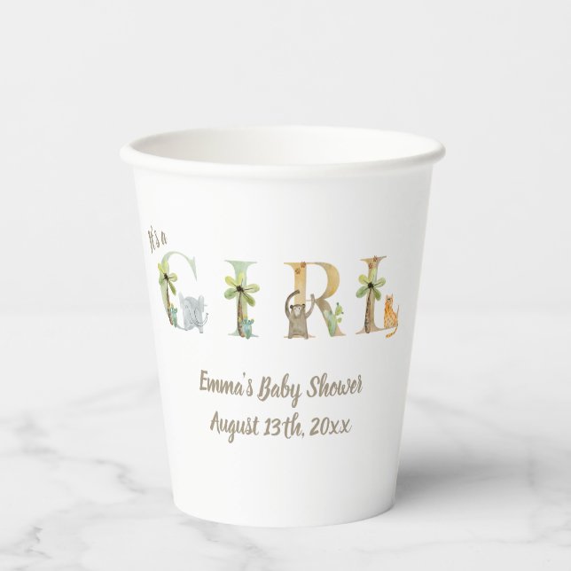 Es ist ein Mädchen Aquarell Safari Animals Baby Du Pappbecher (Vorderseite)