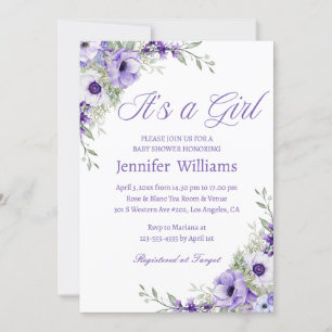Es ist ein Mädchen, Aquarell violette Blumen Babyd Einladung
