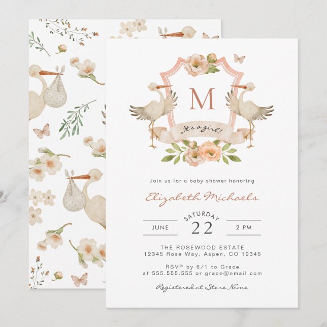 Es ist ein Mädchen! Babyparty Einladung (Vorne/Hinten)