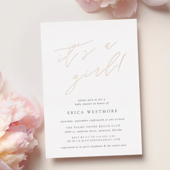 Es ist ein Mädchen | Calligraphy Baby Shooter Folieneinladung (Von Creator hochgeladen)