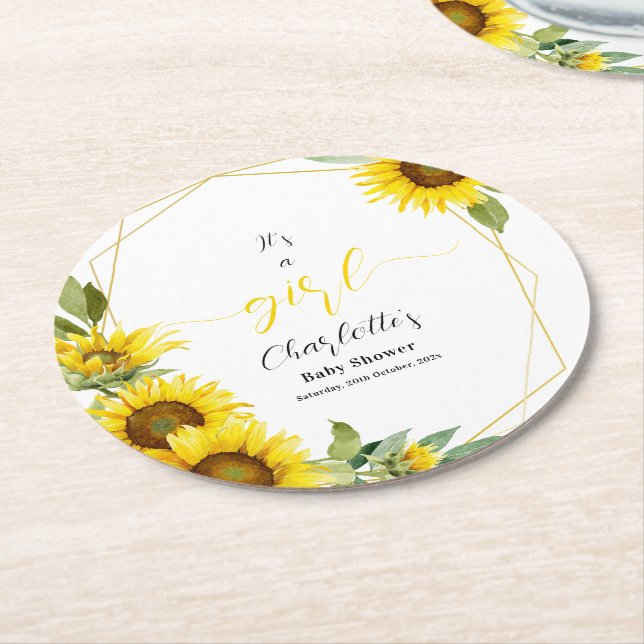 Es ist ein Mädchen! Dusche für Sonnenblumen Runder Pappuntersetzer (Angewinkelt)