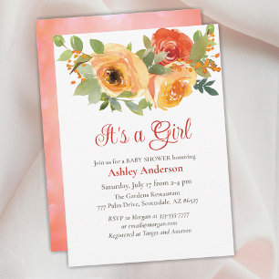 Es ist ein Mädchen, Fancy Schrift, Rosen, Babypart Einladung