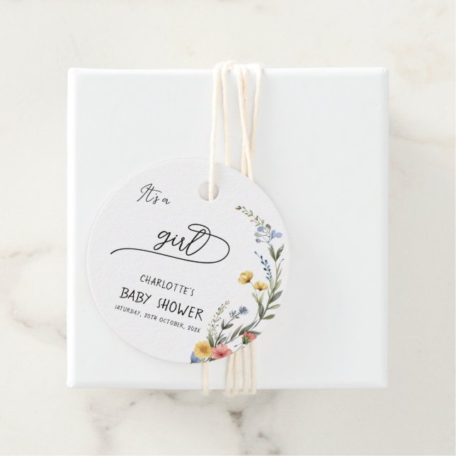 Es ist ein Mädchen! Farbige Wildblume Kinderdusche Geschenkanhänger (Beispiel)