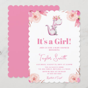 Es ist ein Mädchen Florales Rosa Süßer Dinosaurier Einladung