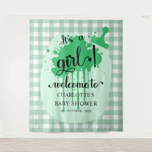 Es ist ein Mädchen! Grüner Gingham-Babyshower-Hint Wandteppich