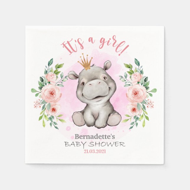 Es ist ein Mädchen Hippo Baby Shower Napkins Serviette (Vorderseite)