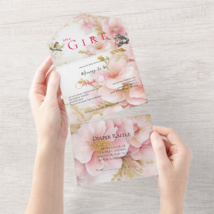 Es ist ein Mädchen in Rosa, rot und blumig All In One Einladung