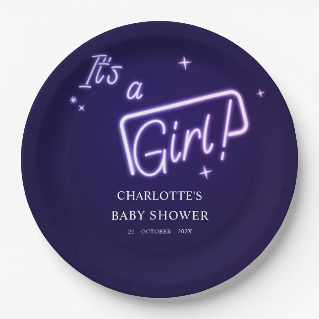Es ist ein Mädchen! Lila Neon Text Baby Dusche Pappteller (Vorderseite)