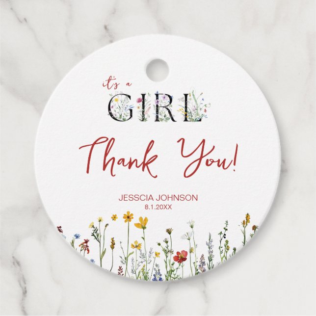 Es ist ein Mädchen mit Frühlingsblumen Babydusche Geschenkanhänger (Vorderseite)