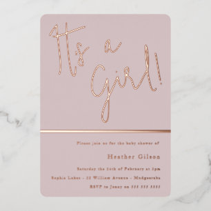 Es ist ein Mädchen! Modern Baby Shower Roségold Folieneinladung