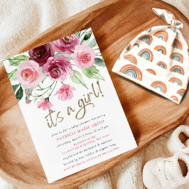 Es ist ein Mädchen moderne rosa Burgundy Floral Ba Einladung