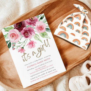 Es ist ein Mädchen moderne rosa Burgundy Floral Ba Einladung