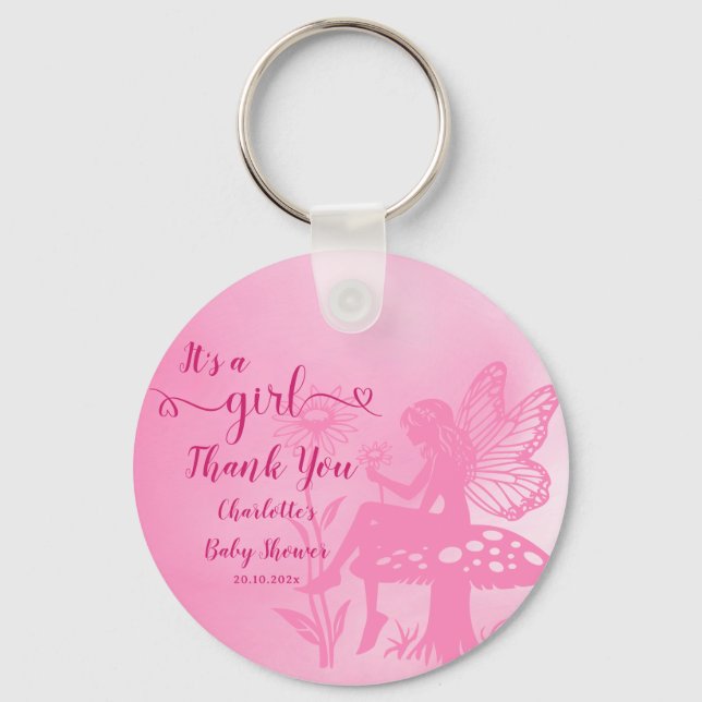 Es ist ein Mädchen! Mushroom und Blume Babydusche Schlüsselanhänger (Rückseite)