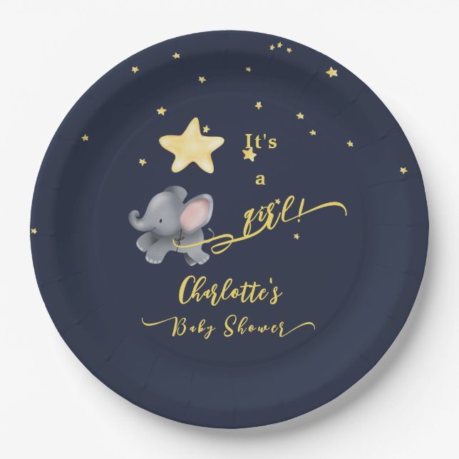 Es ist ein Mädchen! Niedliche Elephant & Balloon B Pappteller (Vorderseite)