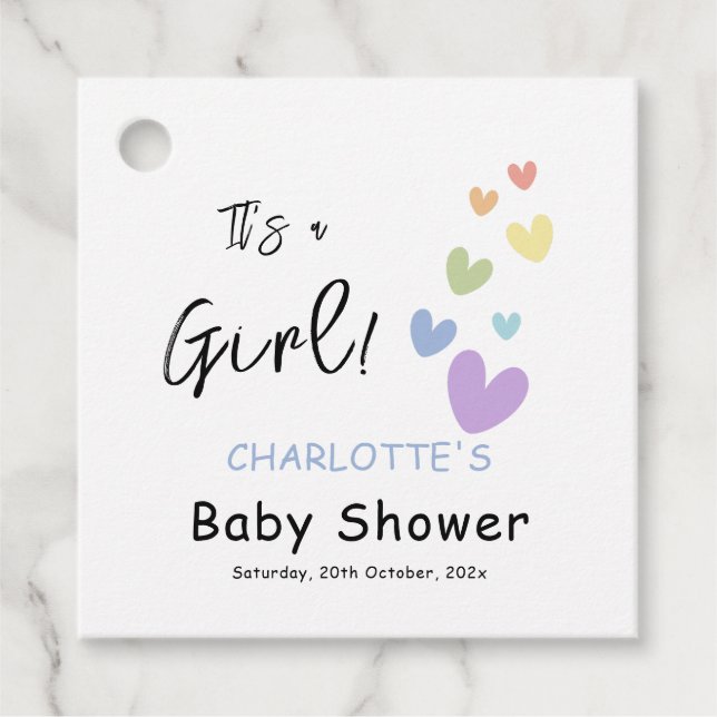 Es ist ein Mädchen! Niedliche und farbenfrohe Herz Geschenkanhänger (Vorderseite)