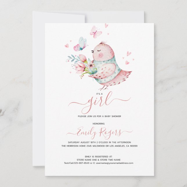 Es ist ein Mädchen - Niedliches Huhn mit Schmetter Save The Date (Vorderseite)